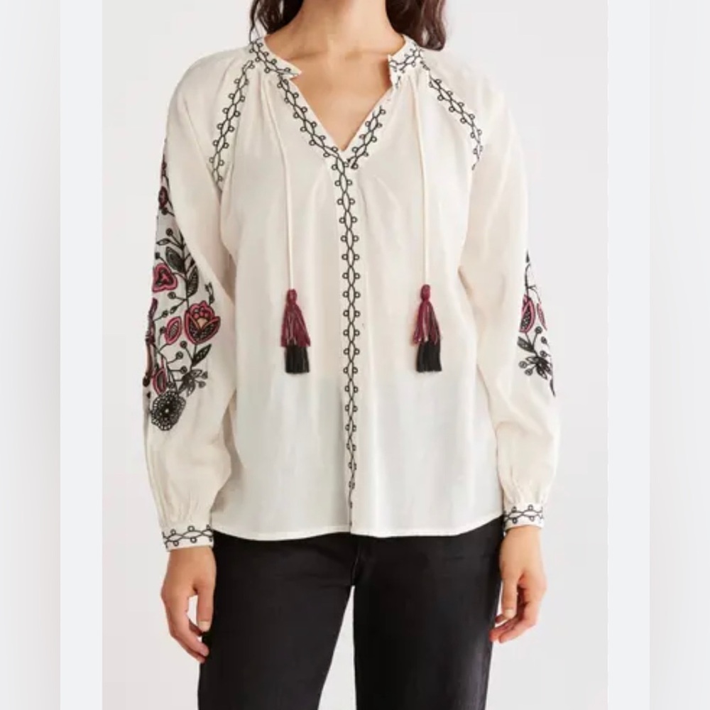 Chelsea & Theodore Cream Blouse with Embroidery and Tassels